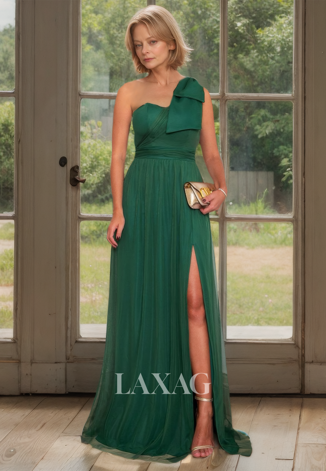 Asymmetrical-Neck Sleeveless A-Line Mother of the Bride Dress Pleatrd Slit with Train Coctail Dress