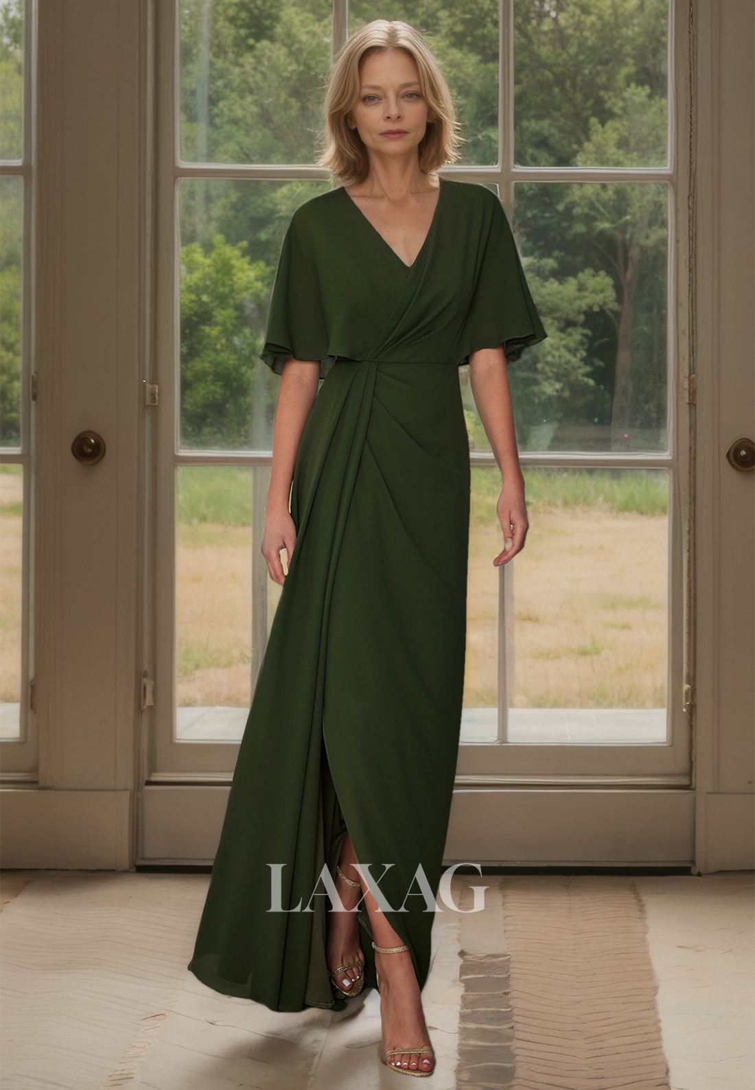 V-Neck Half-Sleeves Fitted Cocltail Dress Pleated Satin Floor-Length Mother of the Bride Gowns