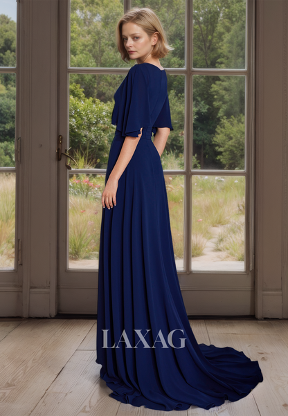 V-Neck Half-Sleeves Fitted Cocltail Dress Pleated with Sweep Train Mother of the Bride Dress