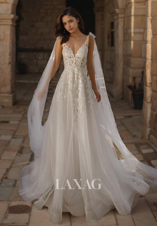 A-Line Deep V-neck Lace Applique Glitter-Knit Train Wedding Dress with Tulle Bows Trimmed