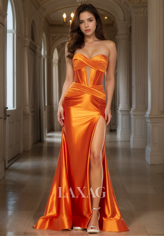 Pleated Sweetheart Sleeveless Off-Shoulder Cutout Sweep Train Mermaid Prom Dress with High Slit