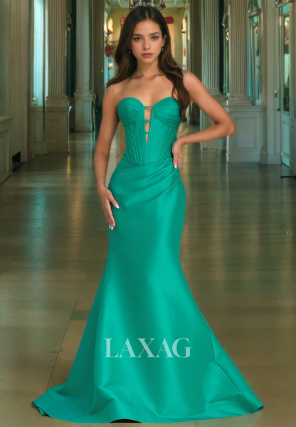 Sweetheart Sleeveless Mermaid Prom Dress Off-Shoulder Pleated Cutout Satin Sweep Train Party Gowns