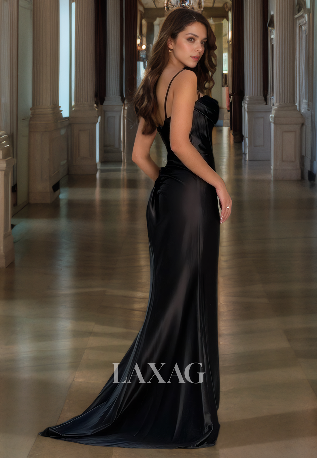 Sweetheart Spaghetti Straps Sleeveless Pleated Satin Slit with Sweep Train Formal Prom Dress