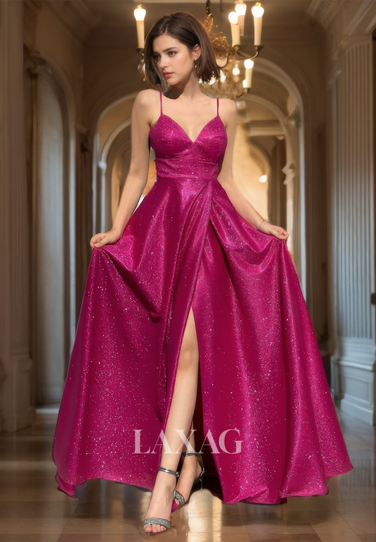 A-Line Spaghetti Straps V-Neck Off-Shoulder Glitter-Knit Pleated Prom Dress with High Slit