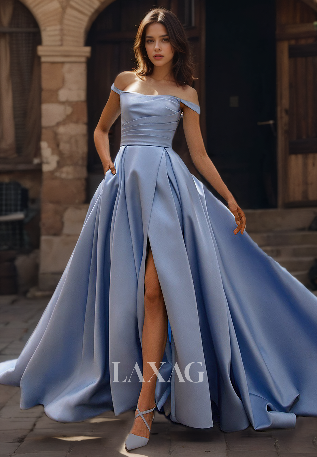 Tube Top Off-Shoulder Sleeveless Pleated Satin Floral Embellished Slit with Train A-Line Wedding Dress