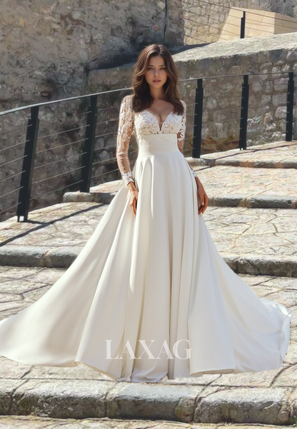 Deep V-Neck Lace Long Sleeves A-Line Wedding Dress Applique Trimmed Bride Dress with Satin Train