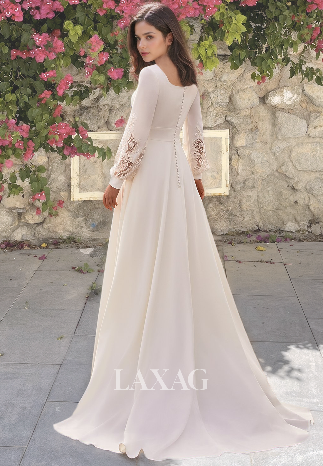 V-Neck Long Sleeves Satin A-Line Wedding Dress Applique Trimmed with Train Bride Gowns