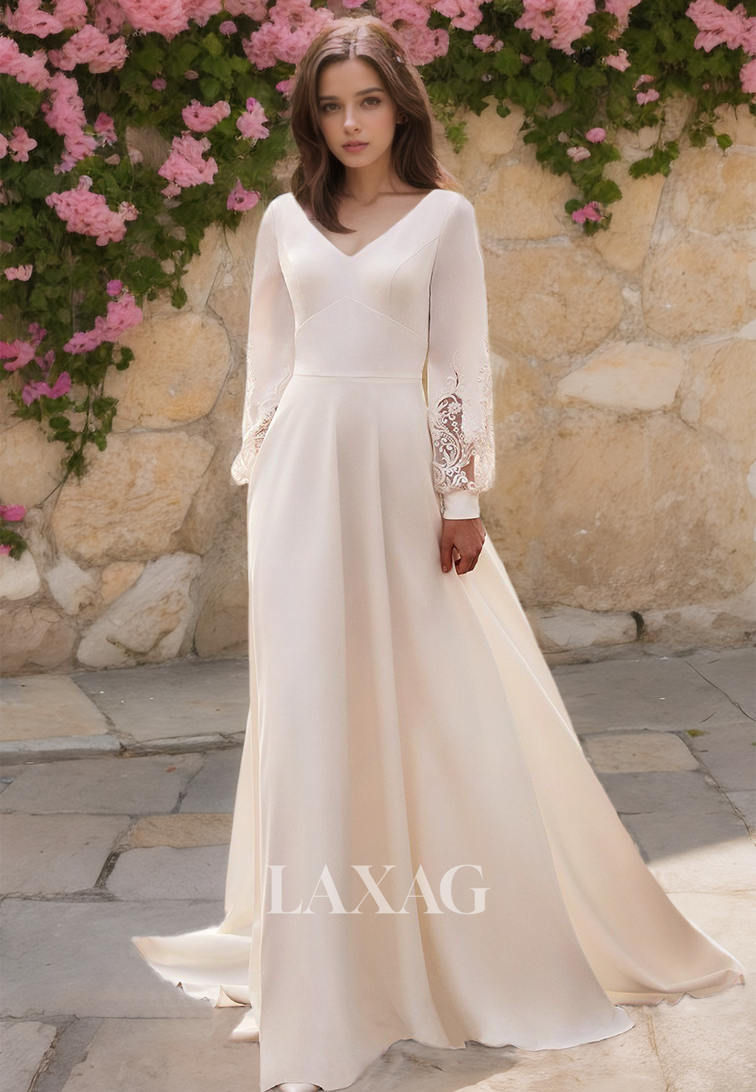 V-Neck Long Sleeves Satin A-Line Wedding Dress Applique Trimmed with Train Bride Gowns