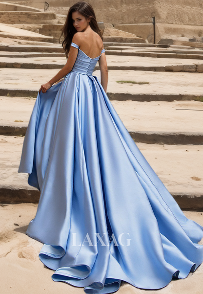 Tube Top Off-Shoulder Sleeveless Pleated Satin Floral Embellished Slit with Train A-Line Wedding Dress