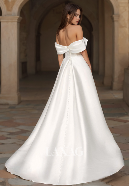 Pleated Sweetheart Sleeveless A-Line Wedding Dress Off-Shoulder Slit with Sweep Train Bride Dress