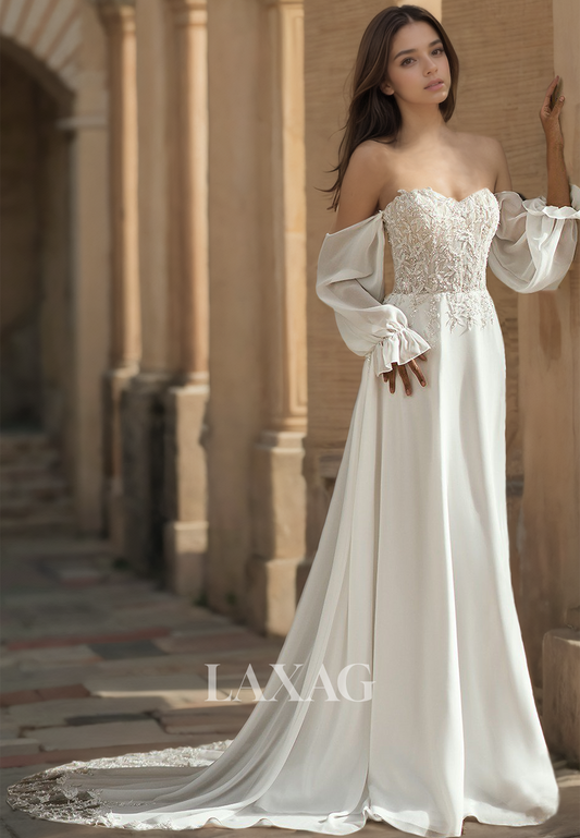 Sweetheart Half-Sleeves A-Line Wedding Dress Applique and Beaded Chiffon Bride Gowns