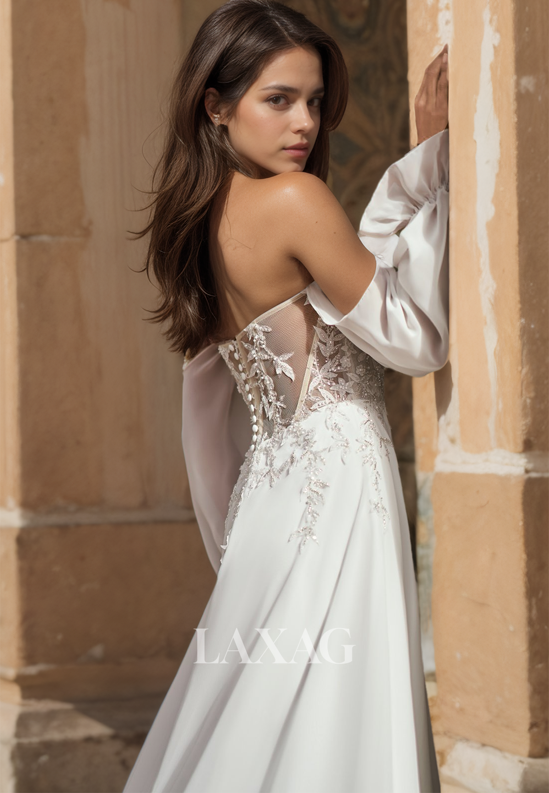 Sweetheart Half-Sleeves A-Line Wedding Dress Applique and Beaded Chiffon Bride Gowns