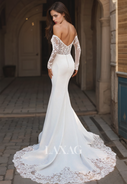 Sweetheart Lace Applique Long Sleeves Bride Dress Off-Shoulder Cutout Mermaid Wedding Dress with Train