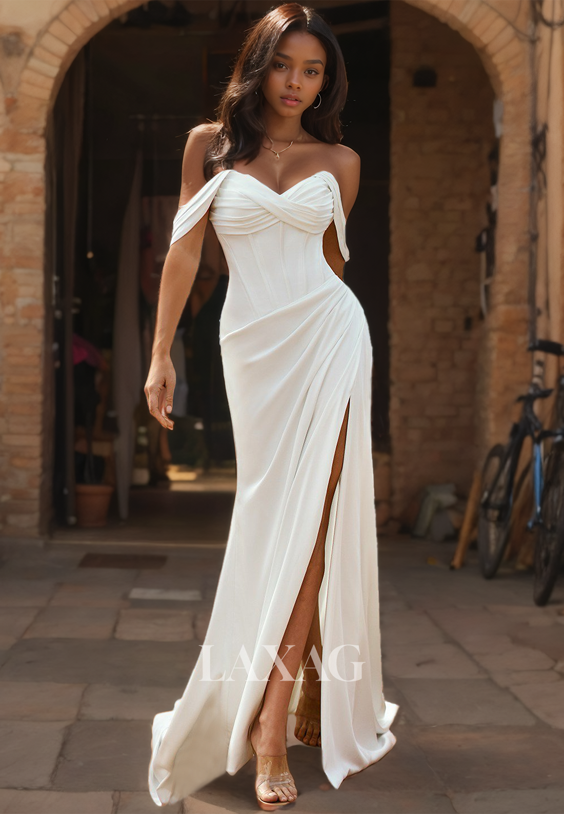 Sweetheart Fitted Beach Wedding Dress Sleeveless Pleated Satin Slit with Train Boho Bride Gowns