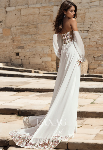 Sweetheart Half-Sleeves A-Line Wedding Dress Applique and Beaded Chiffon Bride Gowns