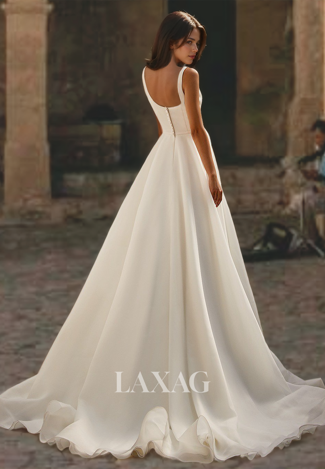 Simple Off-Shoulder Spaghetti Straps Square-Neck Sleeveless A-Line Chiffon Wedding Dress with Train