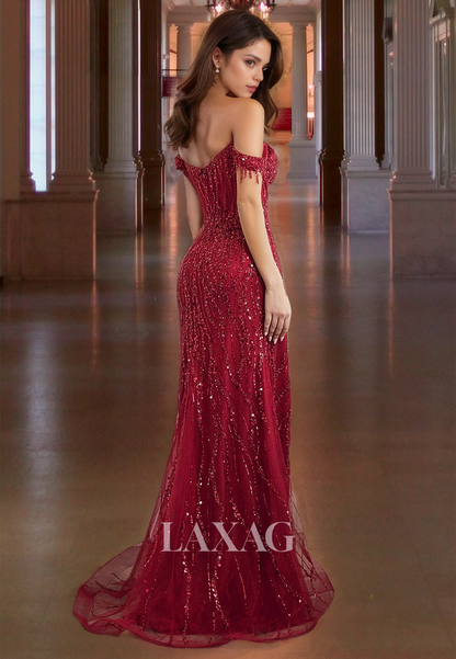 Sweetheart Off-Shoulder Sleeveless Mermaid Prom Dress Fully Beaded High Slit Formal Gowns