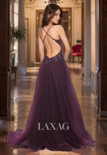 Spaghetti Straps Off-Shoulder Formal Gowns Deep V-Neck Applique Floor-Length A-Line Prom Dress with Beaded