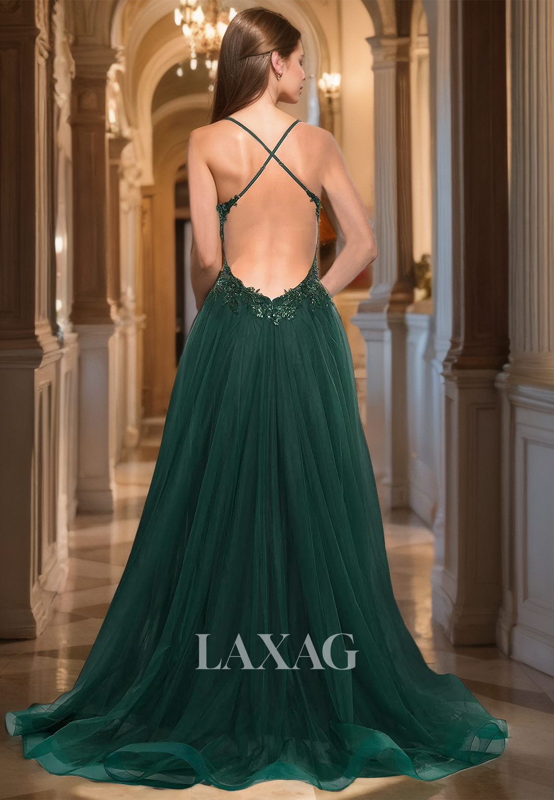 Spaghetti Straps Off-Shoulder Formal Gowns Deep V-Neck Applique Floor-Length A-Line Prom Dress with Beaded