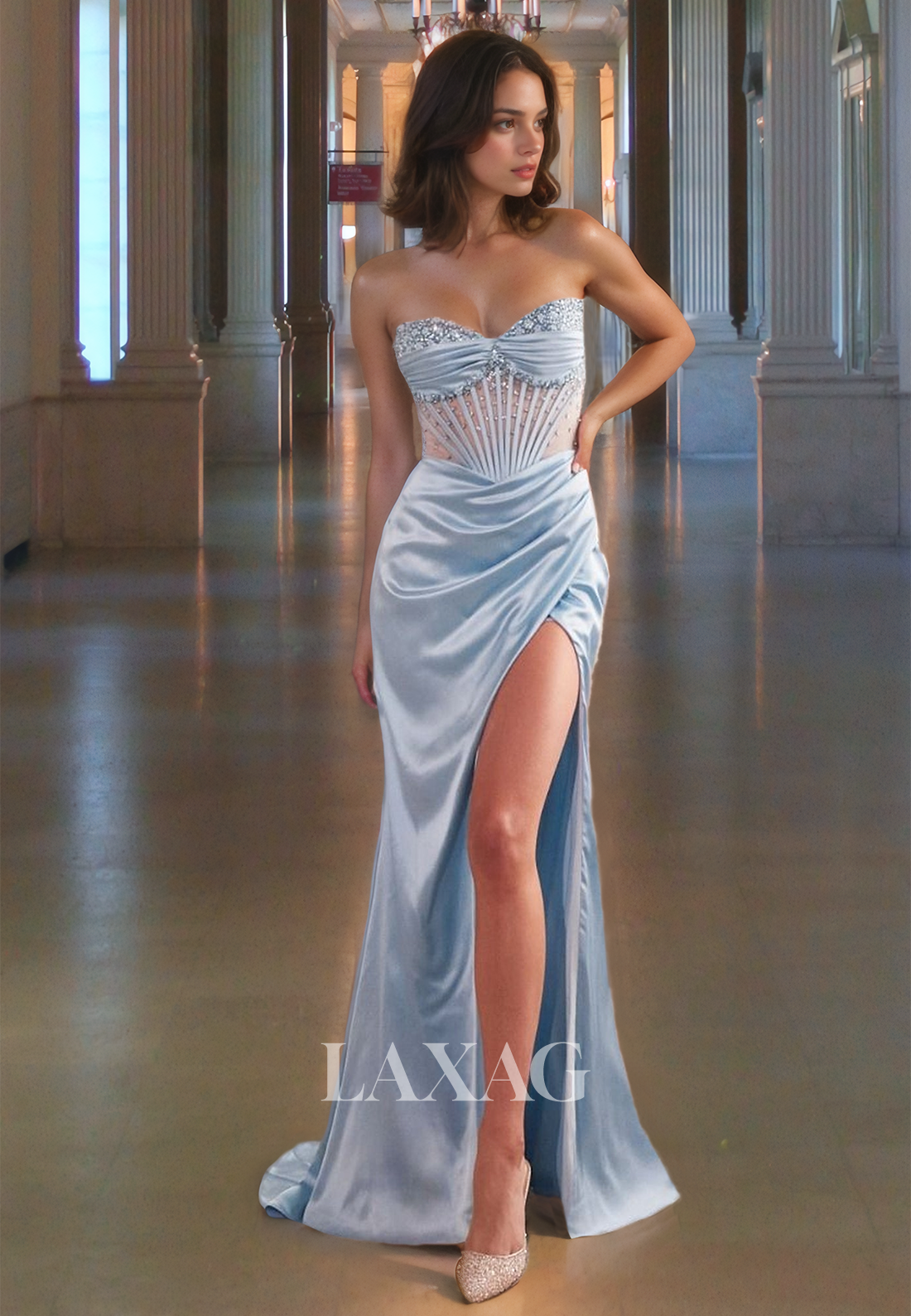 Strapless Sleeveless Pleated Evening Gowns Sweetheart Beaded Mermaid Prom Dress with High Slit