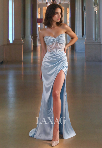 Strapless Sleeveless Pleated Evening Gowns Sweetheart Beaded Mermaid Prom Dress with High Slit