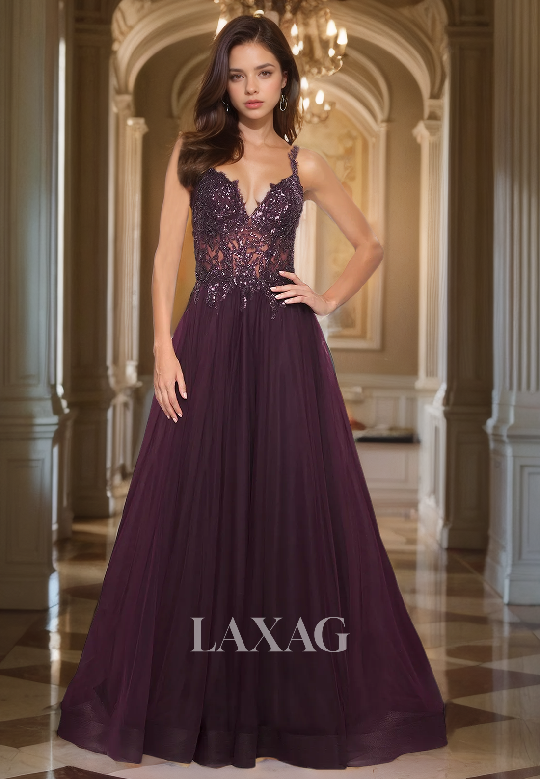 Spaghetti Straps Off-Shoulder Formal Gowns Deep V-Neck Applique Floor-Length A-Line Prom Dress with Beaded