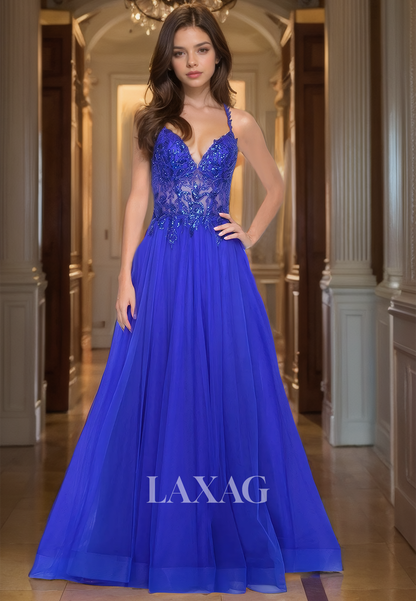 Spaghetti Straps Off-Shoulder Formal Gowns Deep V-Neck Applique Floor-Length A-Line Prom Dress with Beaded