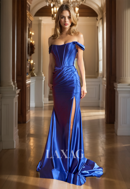 Tube Top Sleeveless Fitted Prom Dress Off-Shoulder Pleated Satin Slit with Train Party Gowns