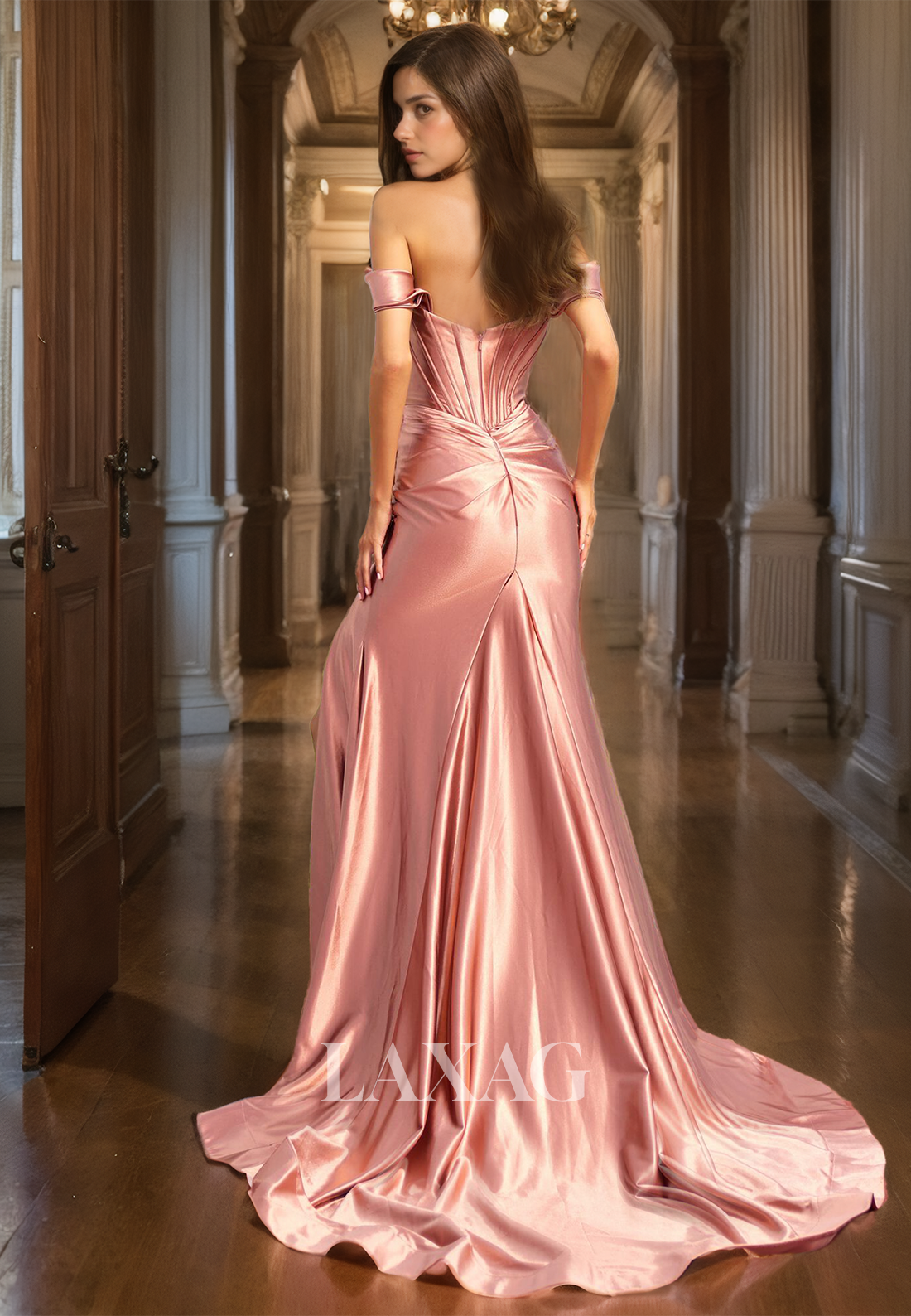 Tube Top Sleeveless Fitted Prom Dress Off-Shoulder Pleated Satin Slit with Train Party Gowns