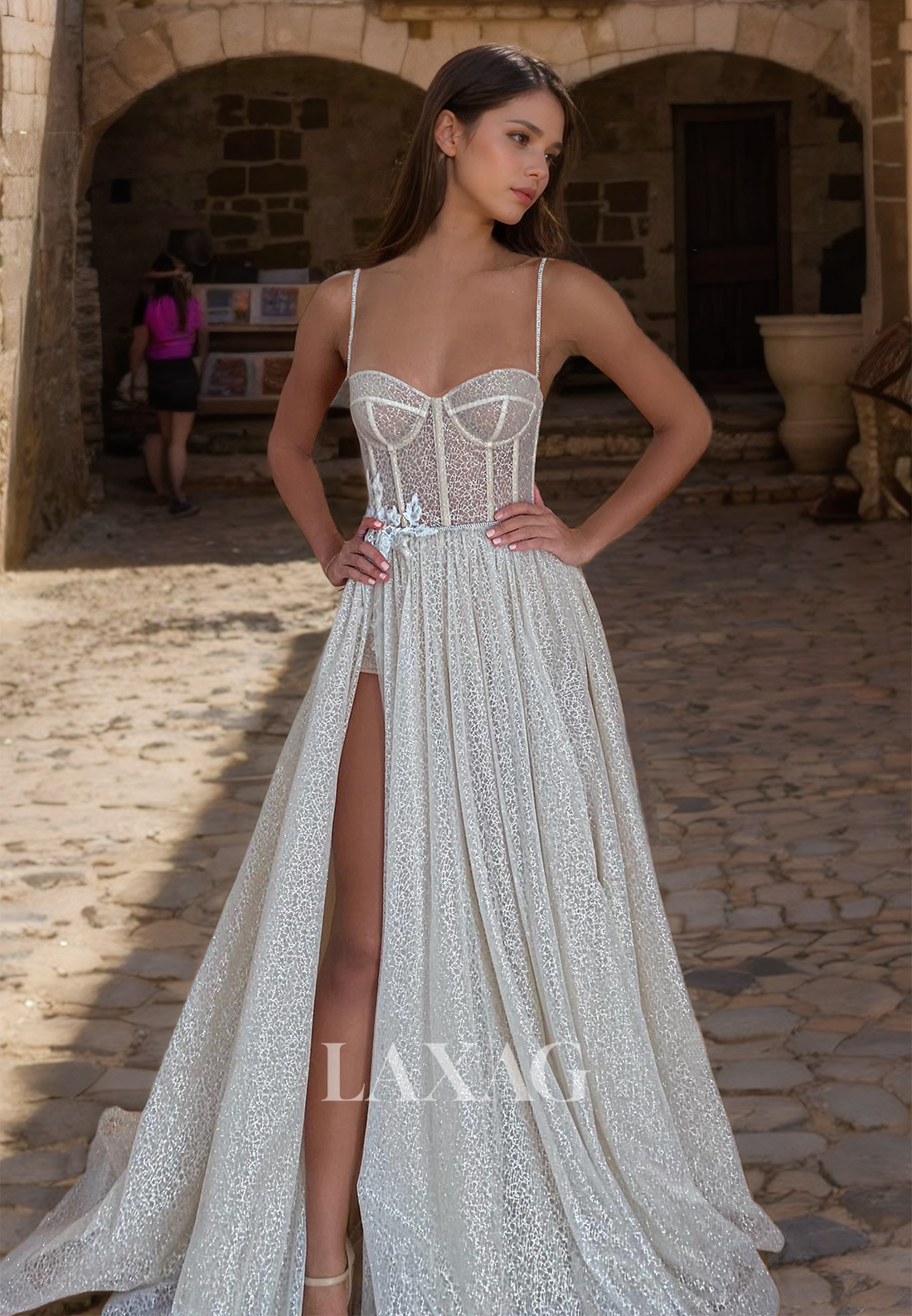 A-Line Spaghetti Straps Beach Bride Dress Sweetheart Sleeveless Glitter-Knit Boho Wedding Dress