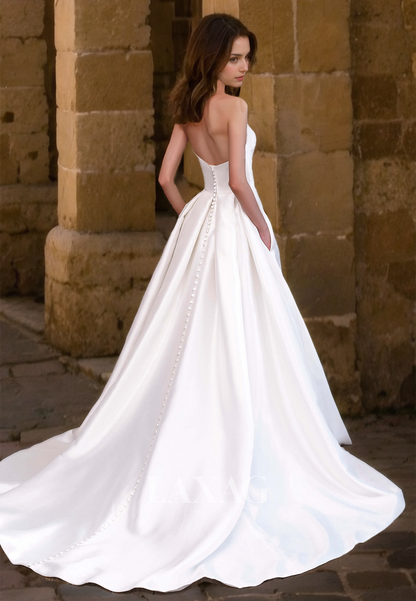 Sleeveless Sweetheart Pleated Wedding Dress A-Line Off-Shoulder High Slit with Train Bride Gowns