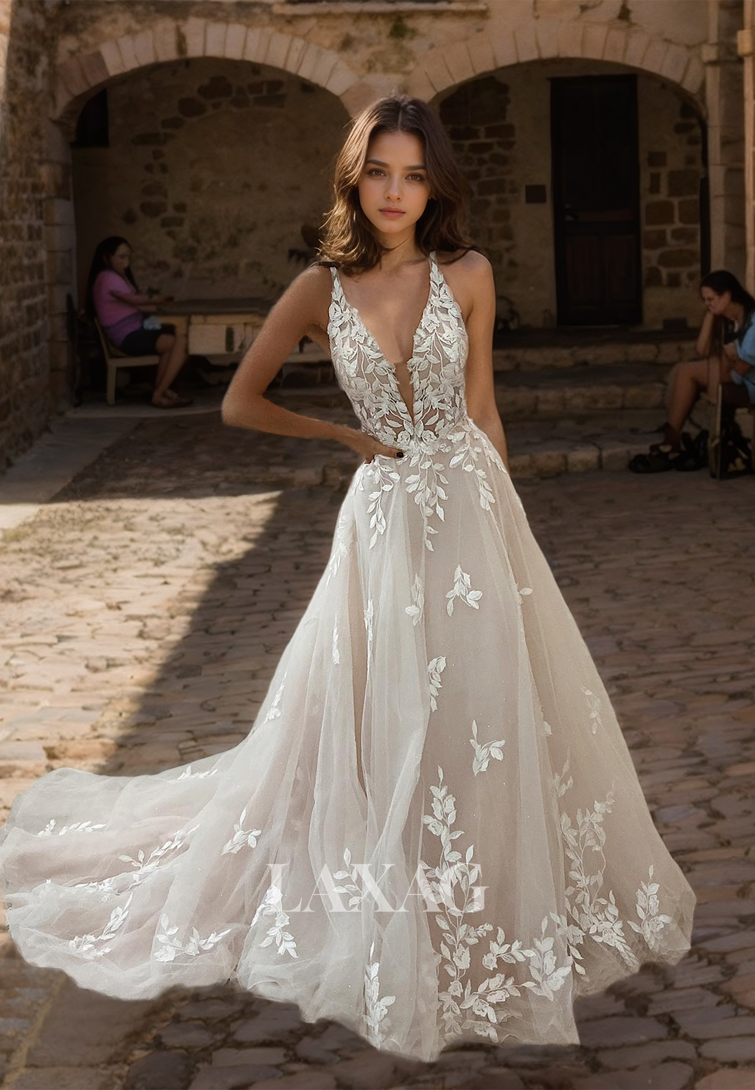 Deep V-Neck Spaghetti Straps Sleeveless Applique A-Line Boho Beach Wedding Dress with Sweep Train