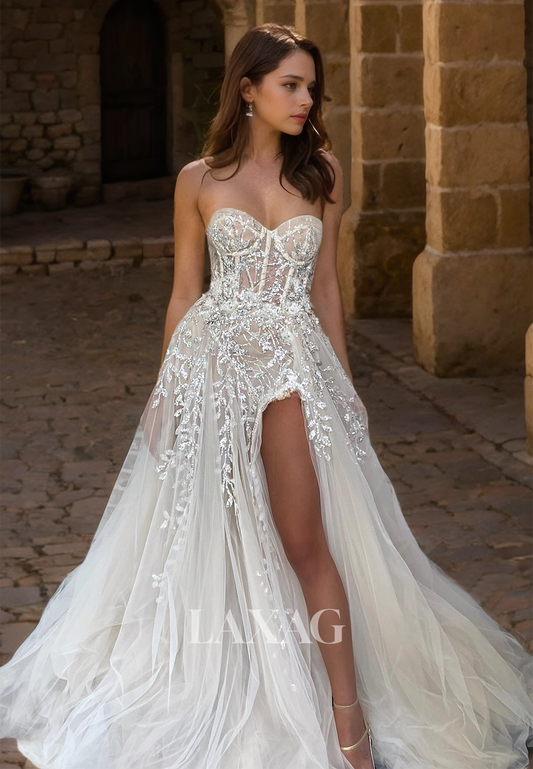 Sweetheart A-Line Tulle Beach Bride Gowns Sleeveless Beaded and Applique Slit Train Wedding Dress