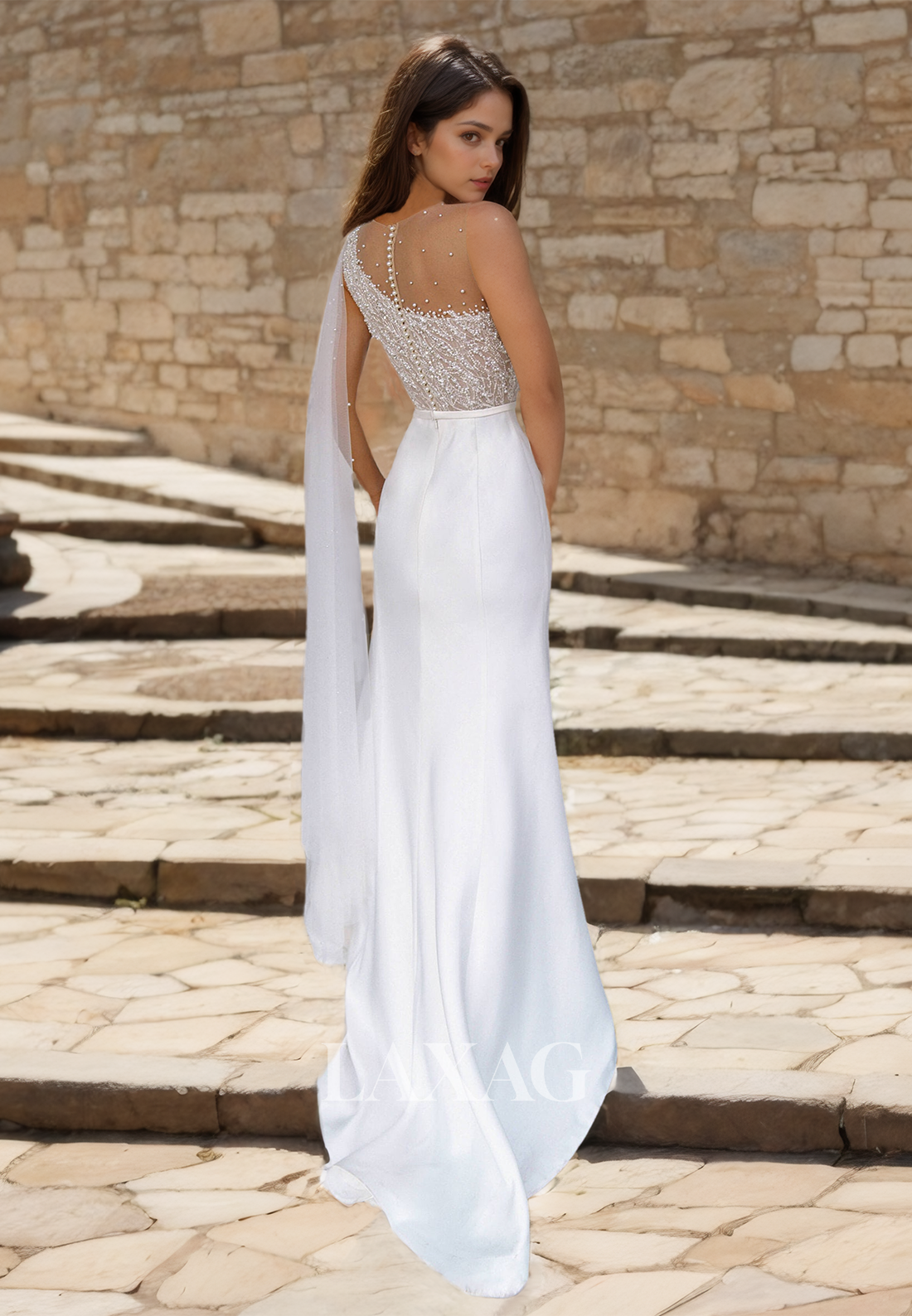 High Scoop-Neck Sleeveless Beach Wedding Dress Beaded Floor-Length Fitted Satin Boho Bride Gowns