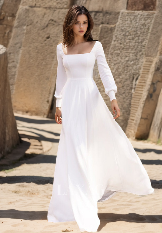 Square-Neck Long-Sleeves A-Line Boho Beach Wedding Dress Simple Satin Train Bride Gowns