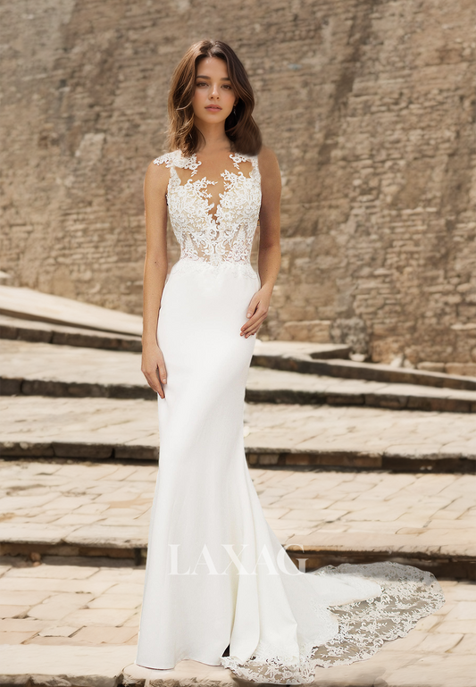 Asymmetrical-Neck Sleeveless Applique Wedding Dress Cutout Satin Mermaid Bride Gowns with Lace Train