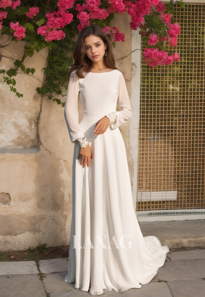 Long-Sleeves Scoop-Neck Chiffon A-Line Train Boho Beach Wedding Dress with Lace Trimmed