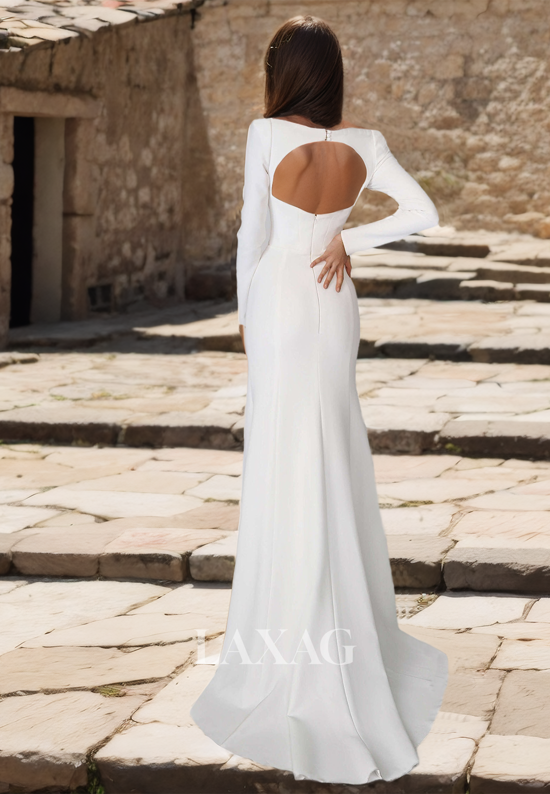 Simple Long-Sleeves Square-Neck Mermaid Beach Wedding Dress Satin Boho Bride Dress