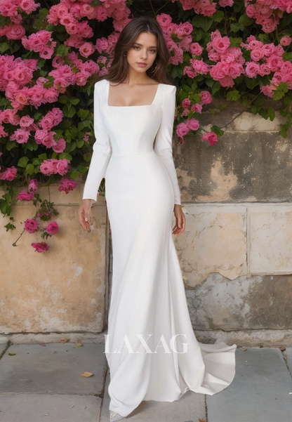 Simple Long-Sleeves Square-Neck Mermaid Beach Wedding Dress Satin Boho Bride Dress