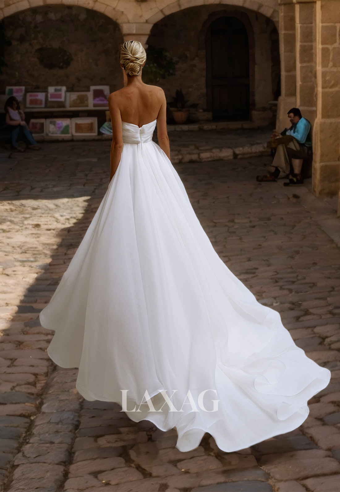 A-Line Sweetheart Off-Shoulder Chiffon Wedding Dress Sleeveless Pleated Slit with Train Bride Gowns