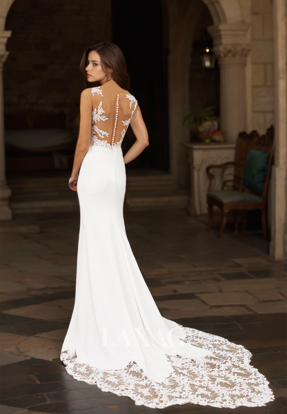 Asymmetrical-Neck Sleeveless Applique Wedding Dress Cutout Satin Mermaid Bride Gowns with Lace Train