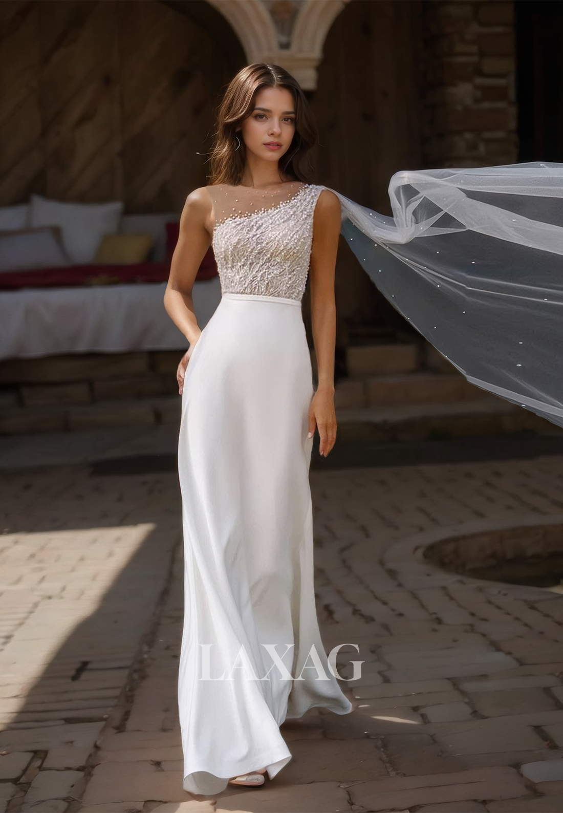 High Scoop-Neck Sleeveless Beach Wedding Dress Beaded Floor-Length Fitted Satin Boho Bride Gowns