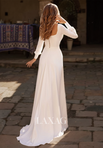 square neck long sleeve wedding dress Zapakasa Women Ivory Satin Sweep Train with Lace A Line Sleeves Bridal Dress with Slit creating a smooth Boho Long Sleeve Lace Chiffon