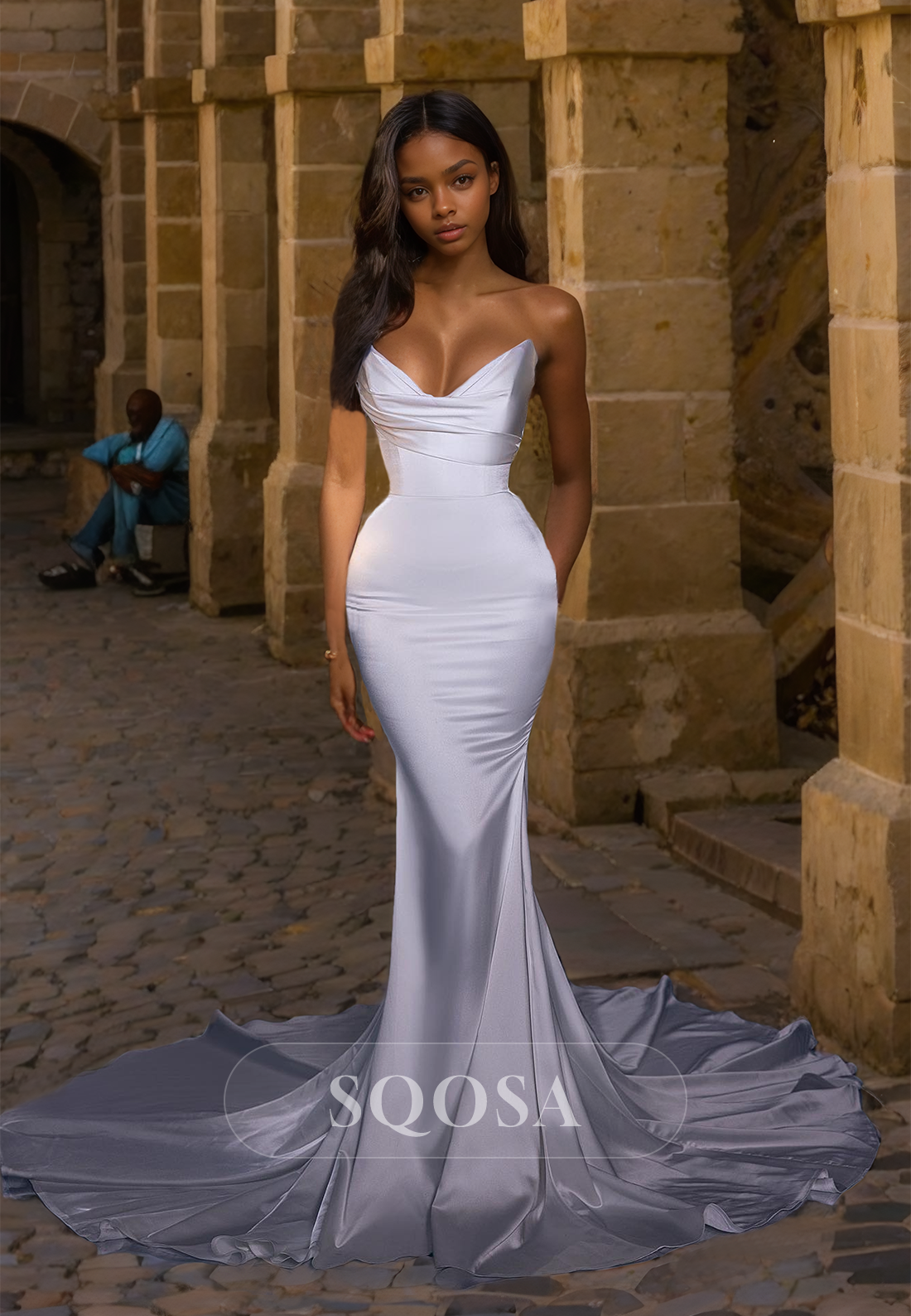 Sweetheart Sleeveless Off-Shoulder Pleated Satin Mermaid Wedding Dress with Sweep Train