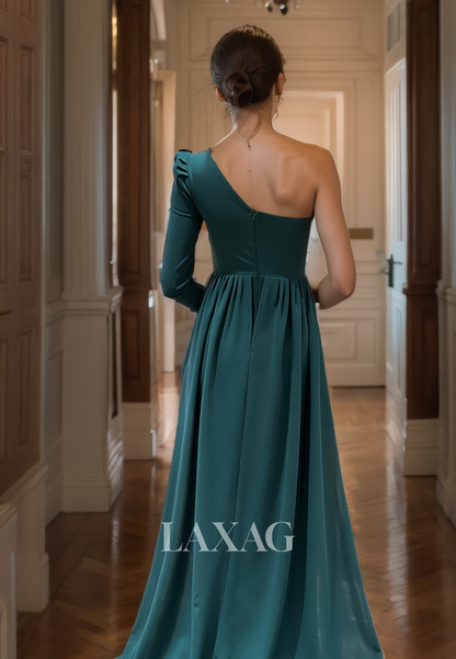 One Long-Sleeves Slit Sweep Train Satin Party Gowns Asymmetrical-Neck Mermaid Prom Dress