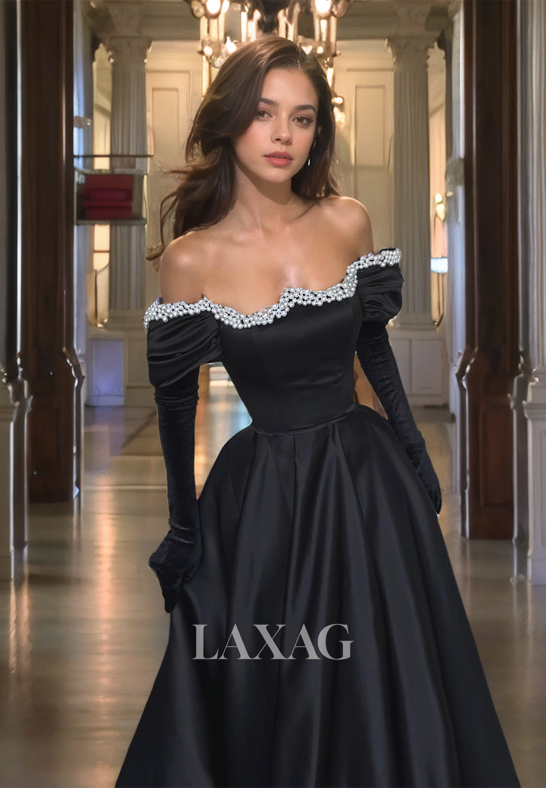 Beaded Sweetheart Satin A-Line Prom Dress Long-Gloves Pleated Floor-Length Formal Evening Dress