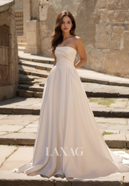 Off-Shoulder Tube Top Sleeveless A-Line Bride Gowns Pleated Satin Wedding Dress with Train