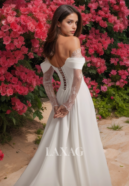 Lace Long Sleeves Sweetheart Pleated A-Line Wedding Dress Off-Shoulder High Slit Bride Gowns with Train