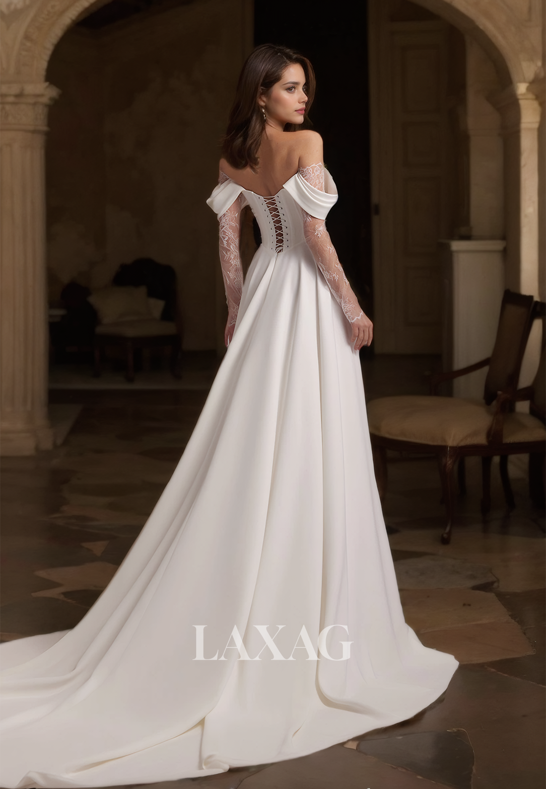 Lace Long Sleeves Sweetheart Pleated A-Line Wedding Dress Off-Shoulder High Slit Bride Gowns with Train