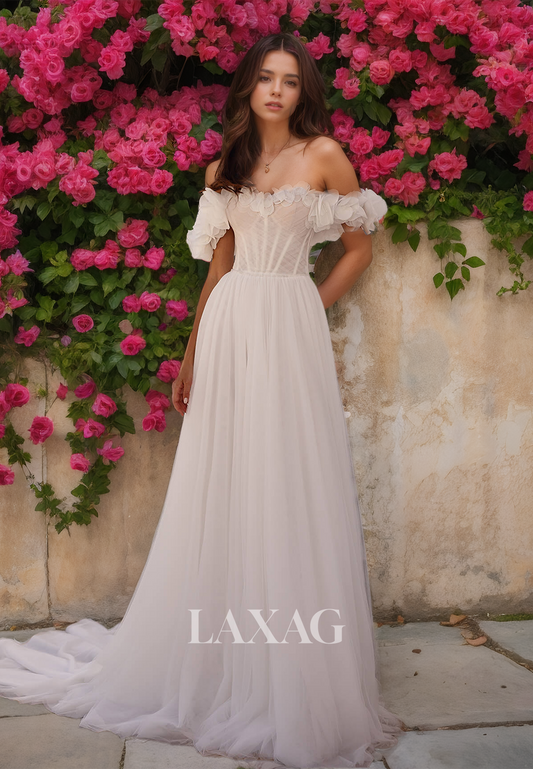 Sweetheart with Floral Embellished Off-Shoulder A-Line Wedding Dress Sleeveless Tulle Train Bride Gowns